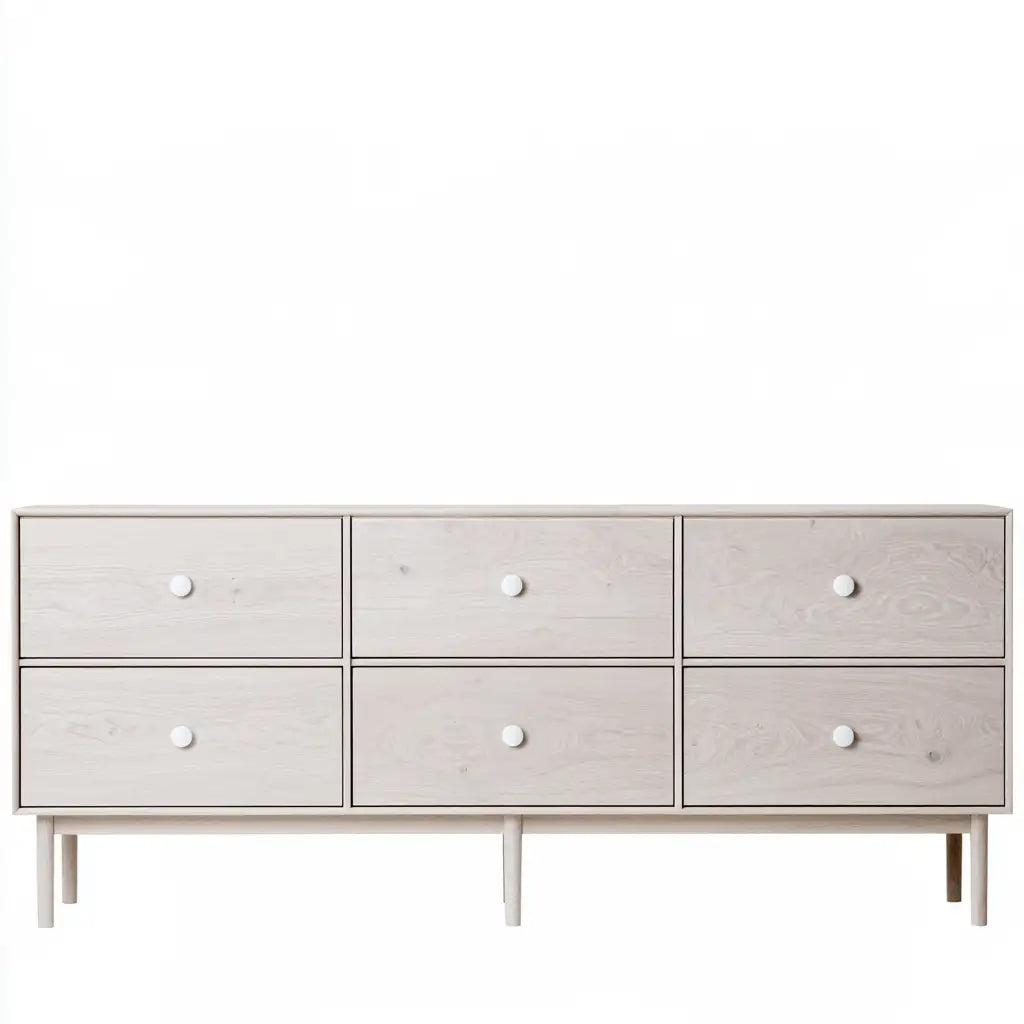 Credenza dalla forma compatta, beige e bianco, per la casa